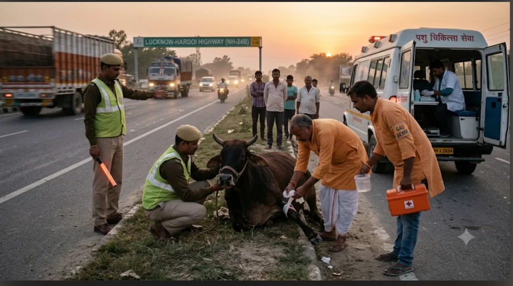 लखनऊ-हरदोई हाईवे पर हादसा: दर्द से तड़प रहे घायल पशु के लिए देवदूत बनी पुलिस और गौ सेवक